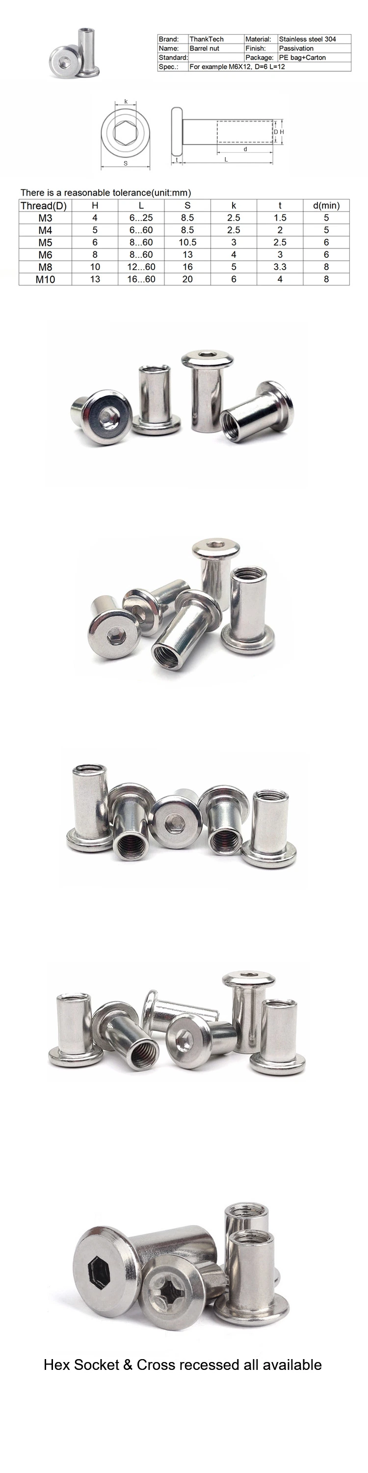 Stainless Steel Large Flat Hex Hexagon Socket Head Joint Sleeve Connector Furniture Insert Rivet Nut